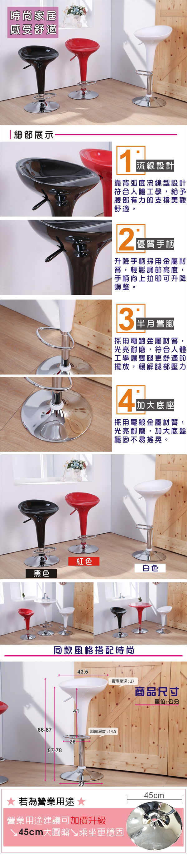 時尚家居感受舒適細節展示1流線設計靠背弧度流線型設計符合人體學,給予腰部有力的支撐美觀舒適。2優質手柄升降手柄採用金屬材質,輕鬆調節高度手柄向上拉即可升降調整。半月置腳採用電鍍金屬材質,光亮耐磨,符合人體工學讓雙腿更舒適的擺放,緩解腿部壓力4加底座採用電鍍金屬材質,「光亮耐磨,加大底盤「穩固不易搖晃。紅色黑色白色同款風格搭配時尚4143.5實際坐深:27商品尺寸單位:公分66-87腳圈深度:14.52657-78 若為營業用途 大營業用途建議可加價升級45cm大圓盤↘乘坐更穩固45cm